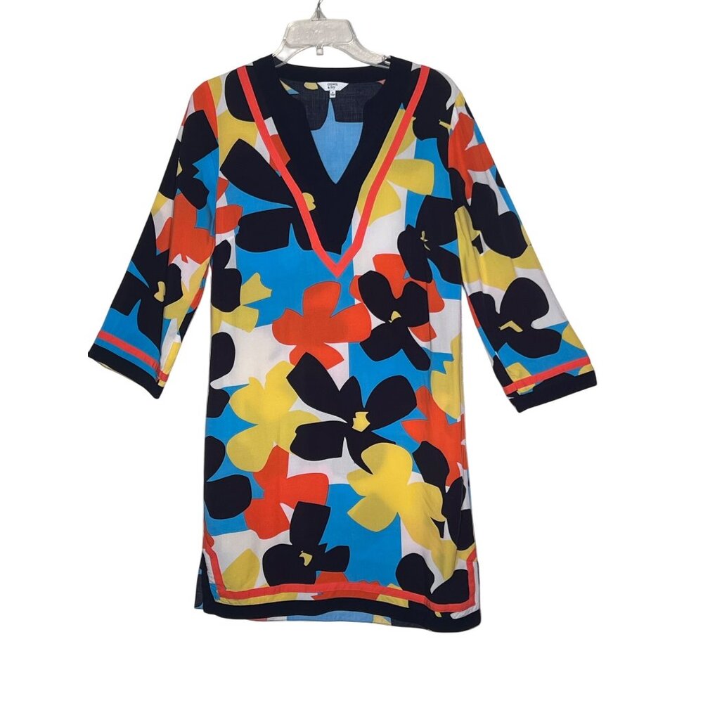 Crown & Ivy Women 6 V-Neck Tunic Dress Colorful 3/4 Sleeve Lightweight Rayon